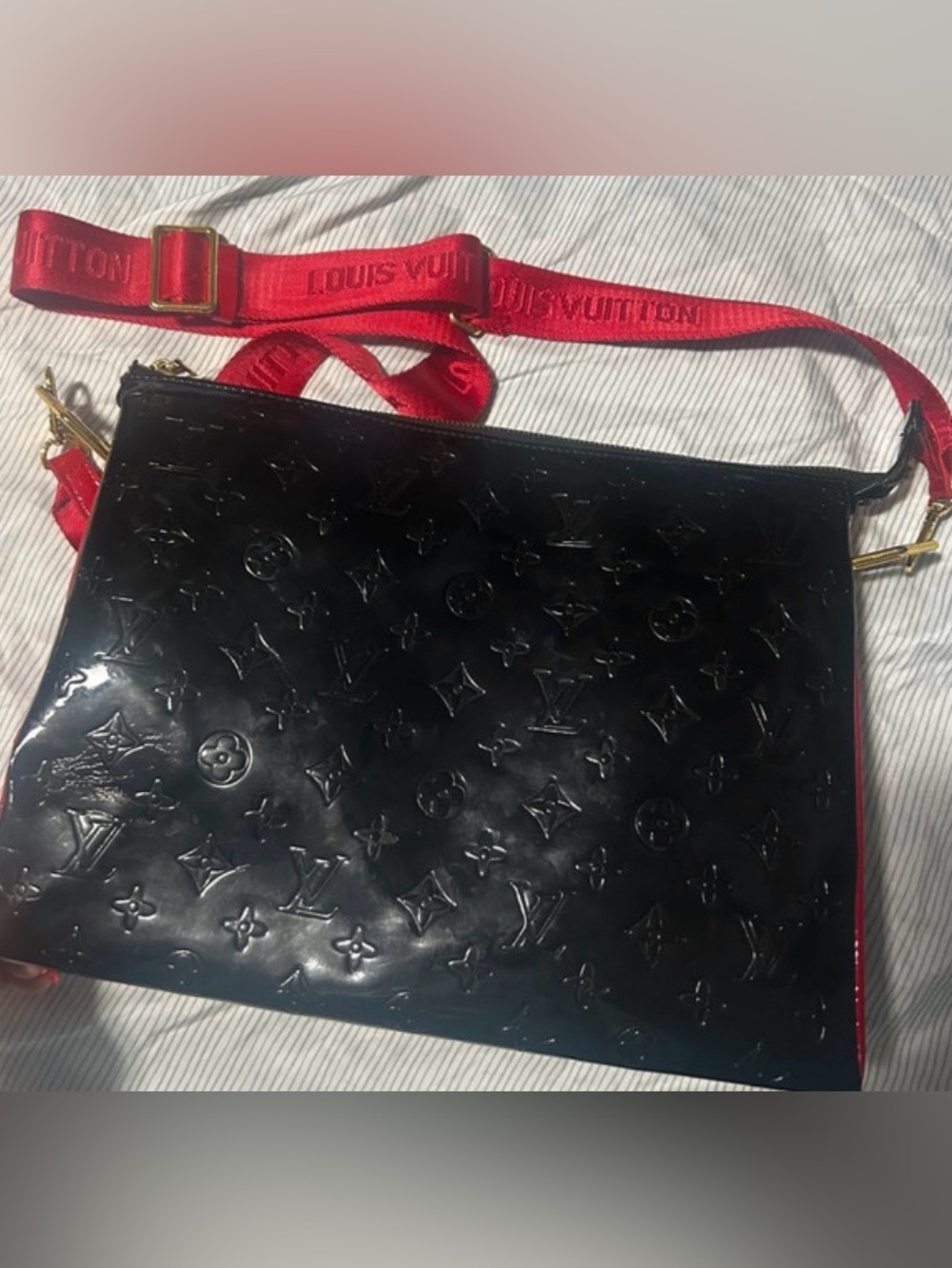 Source Unknown Black Patent Monogram Crossbody with Red Strap